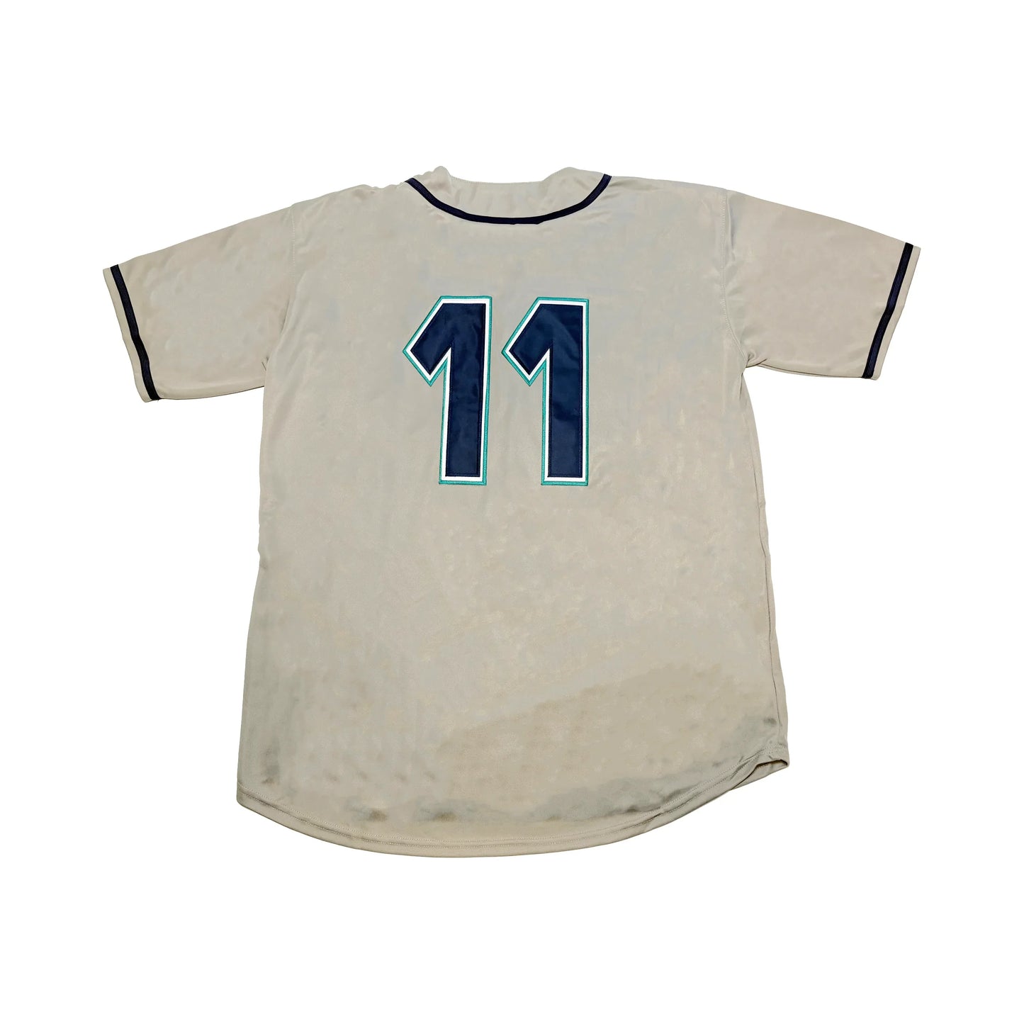 Kissimmee Cobras Jersey - Jerseys. Gray back. Navy trim around neck and short sleeve ends. #11 large on back with white and aqua trim. Royal Retros