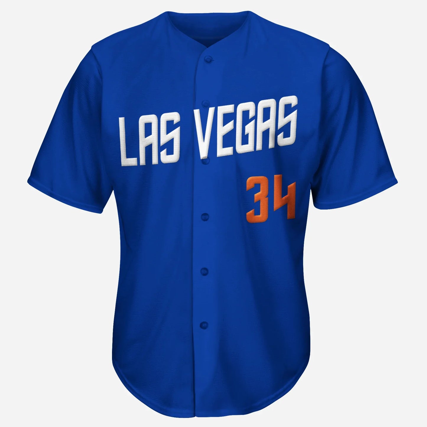 Las Vegas 51s short sleeve button-up Baseball Jersey. Royal Blue. LAS VEGAS angled across chest in Star Trek-like typeface, white. #34 in red below right. Royal Retros