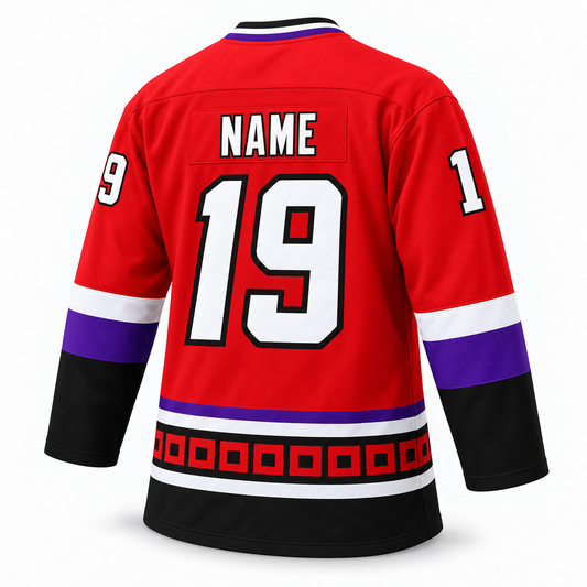Lowell Lock Monsters red hockey jersey — back mockup, number19, NAME personalization, regular V-neck. Royal Retros.