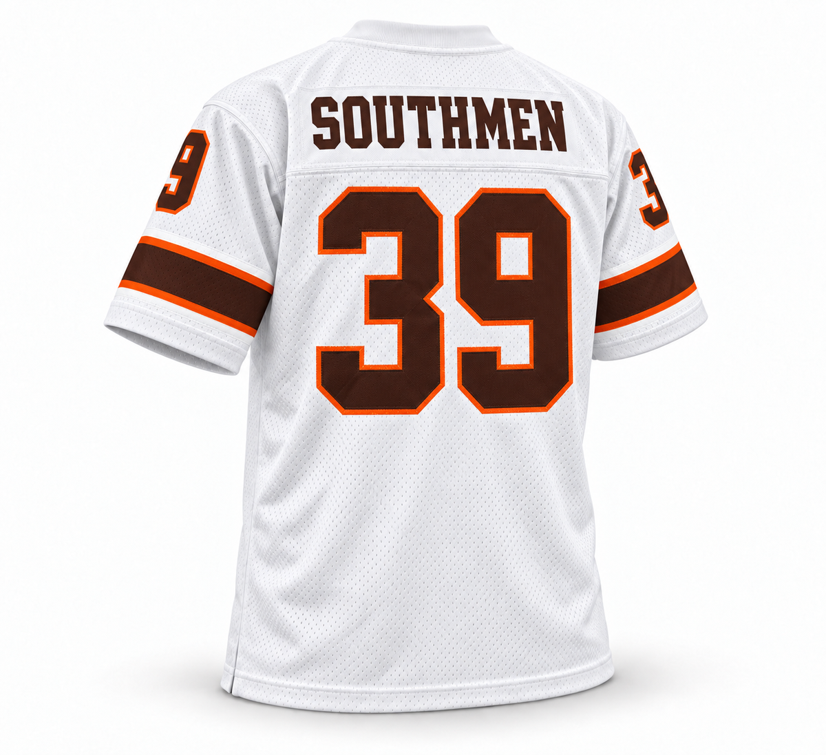 Memphis Grizzlies Southmen WFL jersey, white back, brown Southmen name and brown number 39 with orange outline