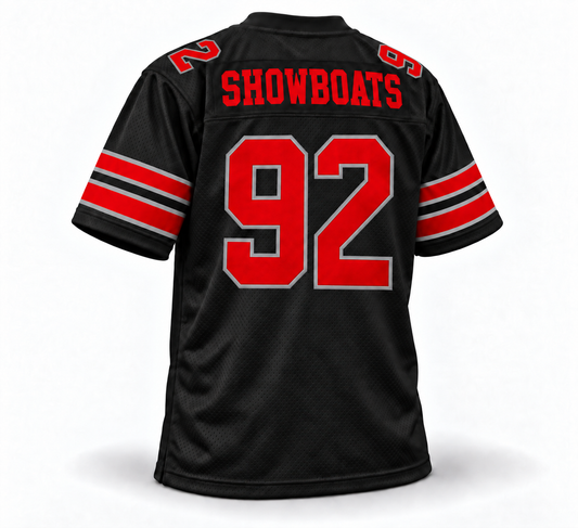 Memphis Showboats USFL Remix black jersey back mockup — SHOWBOATS name and red number 92 with silver-gray trim