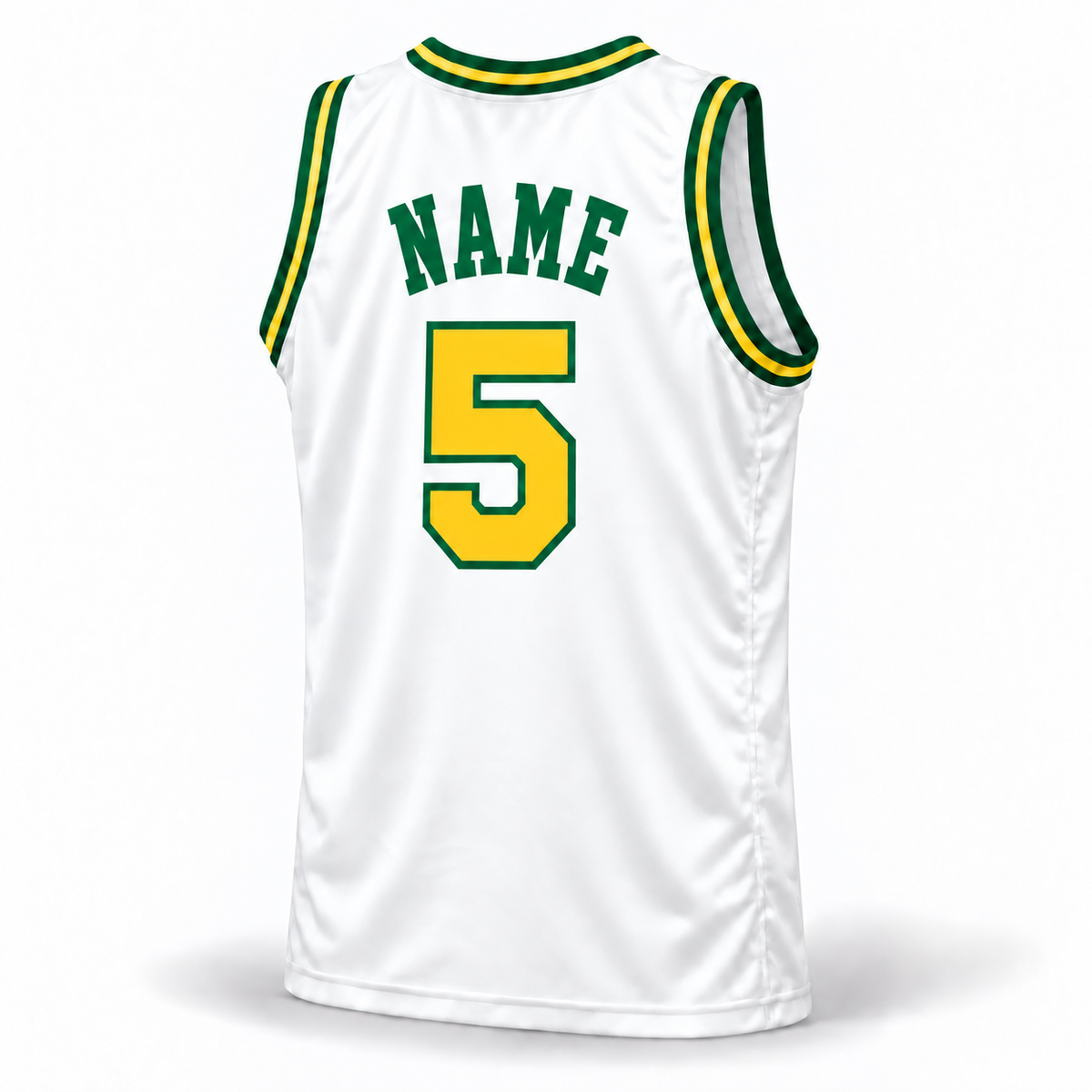 Memphis Tams ABA basketball jersey, white back view, NAME lettering and yellow number 5 with green outline, Royal Retros.