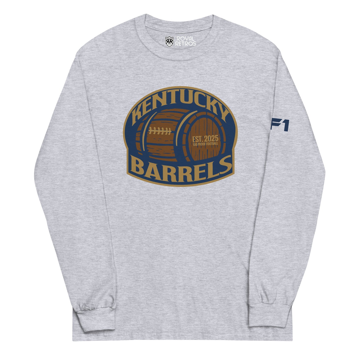 Kentucky Barrels AF1 football crewneck sweatshirt. Navy. Logo on chest is a rounded square with Kentucky in gold arched over a barrel, with Barrels underneath. Shape is outlined in gold. Royal Retros