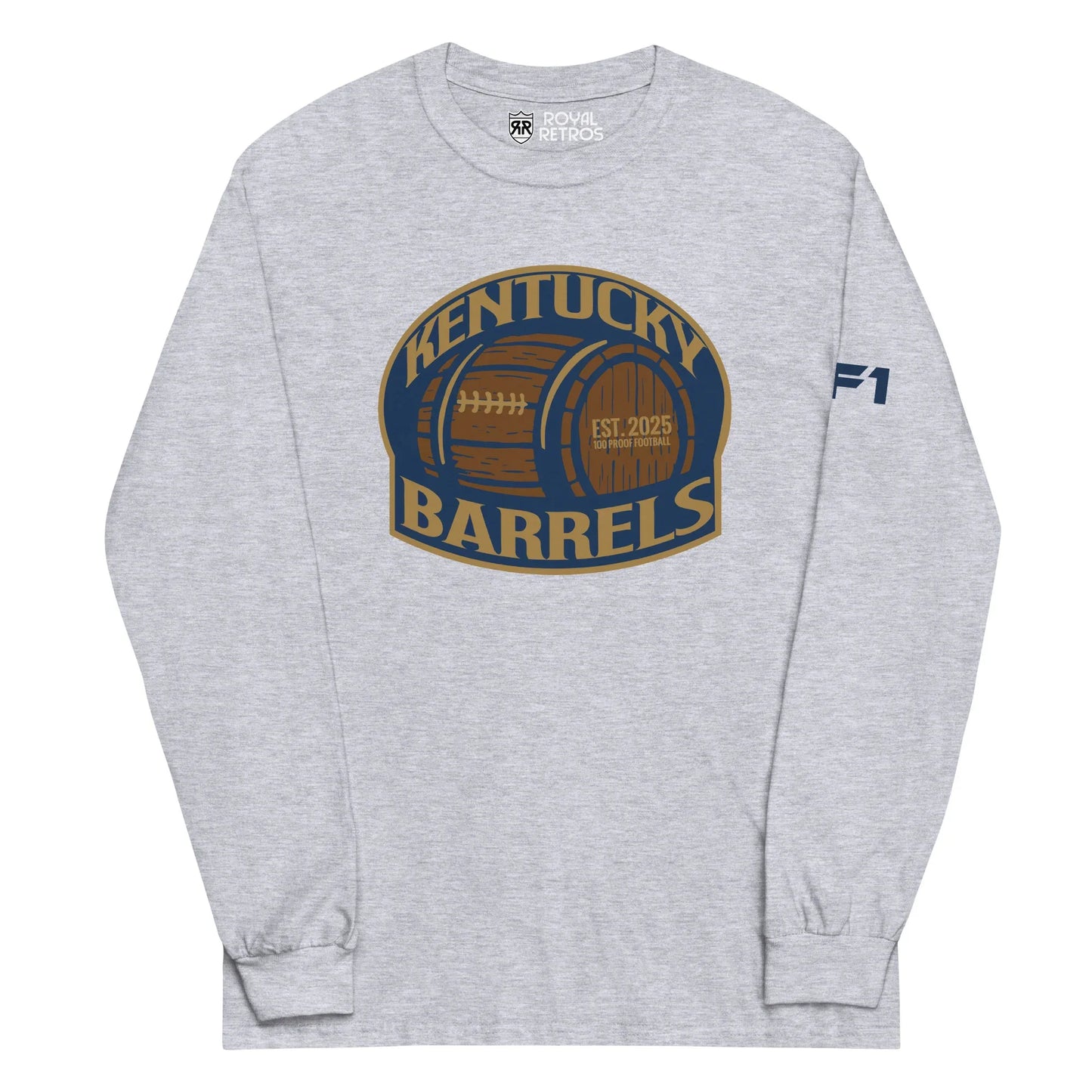 Kentucky Barrels AF1 football crewneck sweatshirt. Navy. Logo on chest is a rounded square with Kentucky in gold arched over a barrel, with Barrels underneath. Shape is outlined in gold. Royal Retros