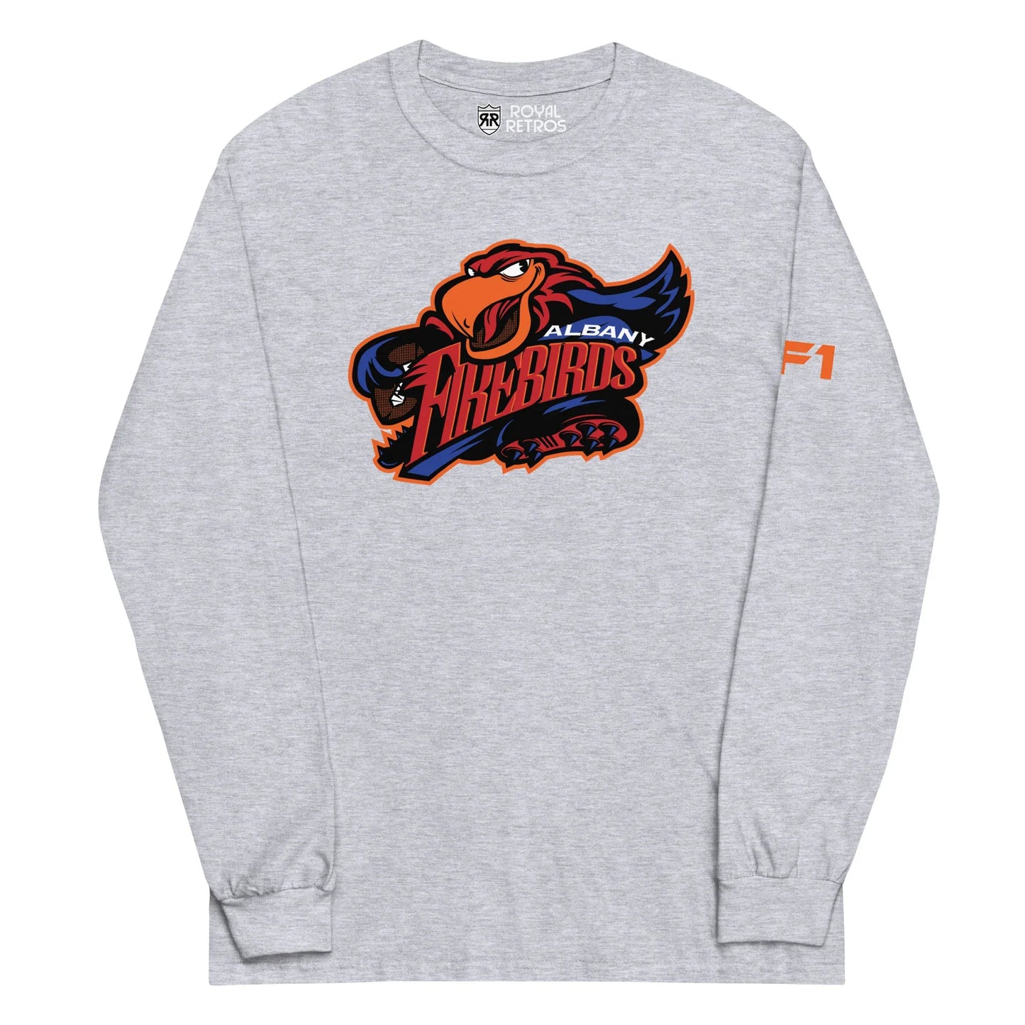 Albany Firebirds long sleeve T-shirt. Heather Grey. Cartoon bird with Firebirds in red between open wings. Albany top right in white over Firebirds. Royal Retros