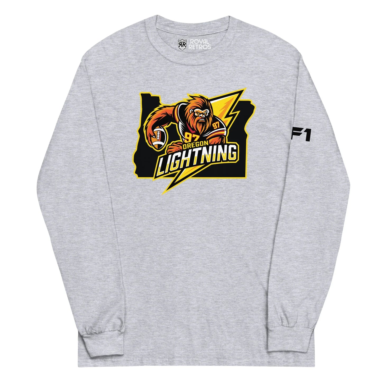 Oregon Lightning long sleeve T-shirt. Heather Grey. Logo in center is outline of Oregon in black with Bigfoot in black jersey with gold numerals holding football over lightning bolt to right. Oregon in yellow, small, above Lightning large in white and gold. Royal Retros