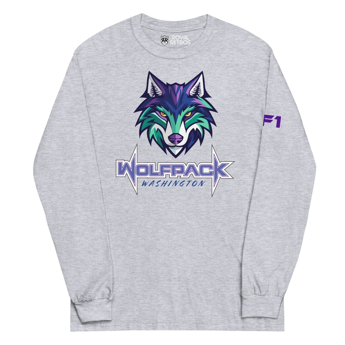Washington Wolfpack long sleeve T-shirt. Heather Grey. Light purple, dark purple, and teal wolf face over WOLFPACK in purple with white trim. Washington smaller in purple right below. Royal Retros