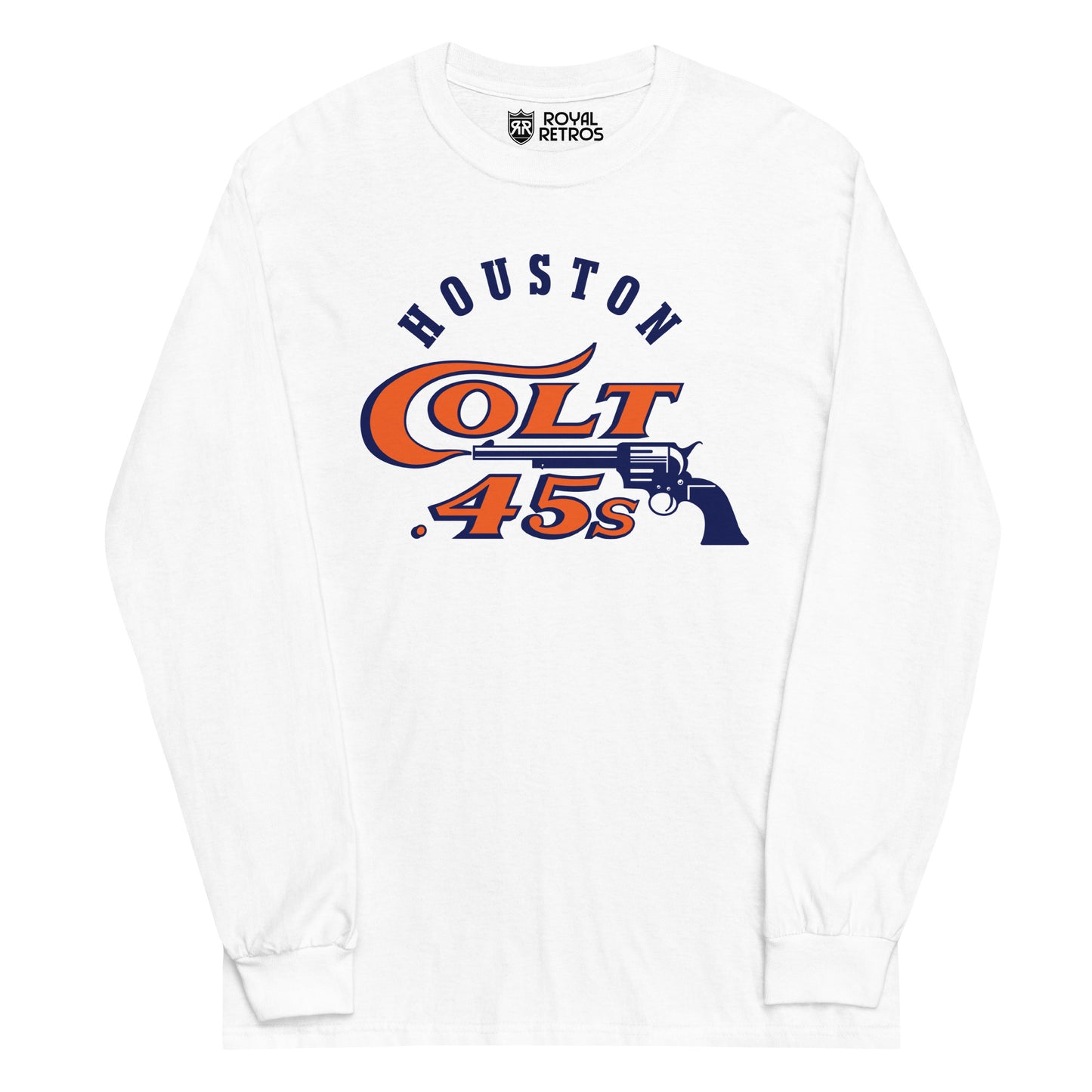 Houston Colt 45s long-sleeve T-shirt. White. Houston in blue arched above stylized Colts in orange with blue trim on chest, with pistol in blue facing left underneath. Royal Retros