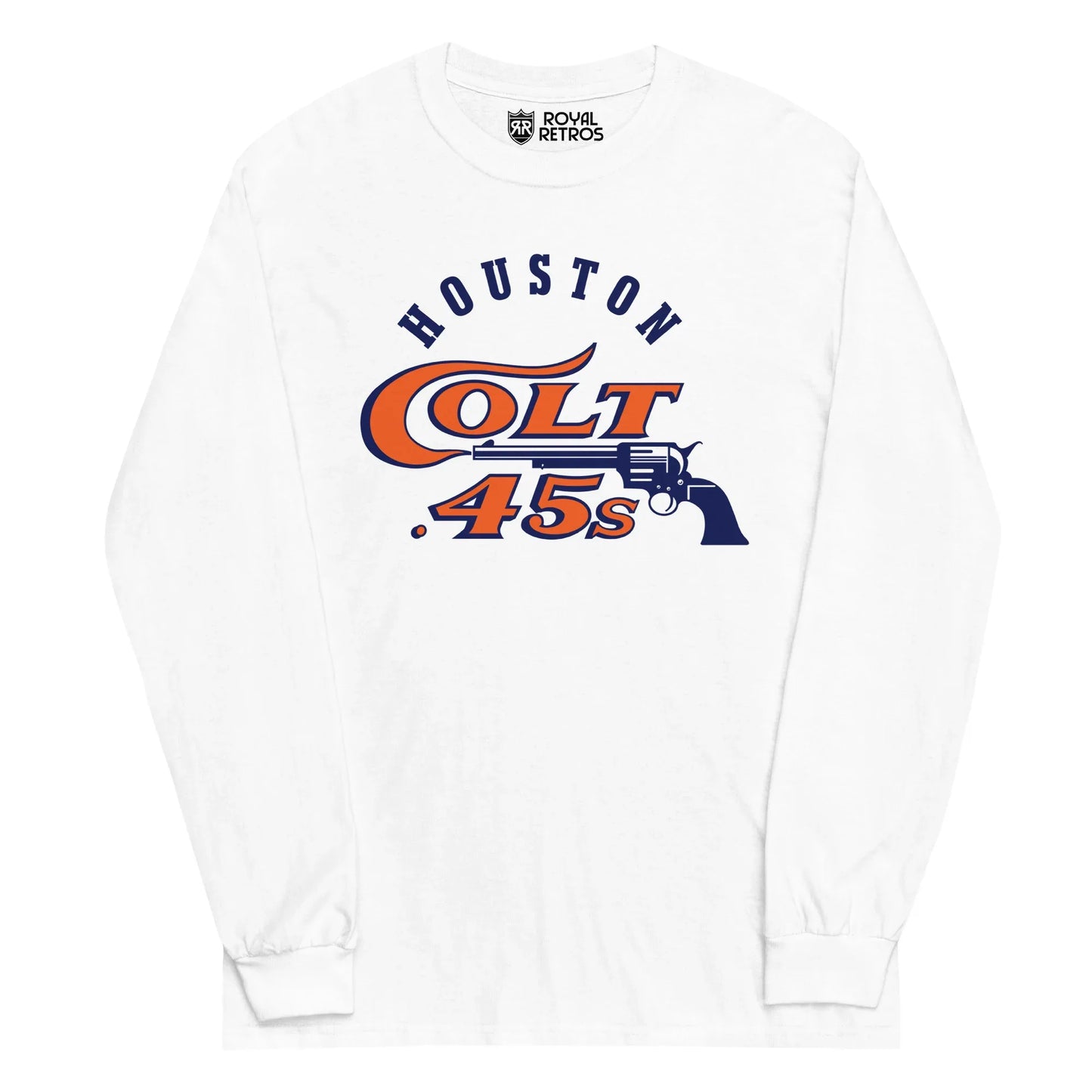 Houston Colt 45s long-sleeve T-shirt. White. Houston in blue arched above stylized Colts in orange with blue trim on chest, with pistol in blue facing left underneath. Royal Retros