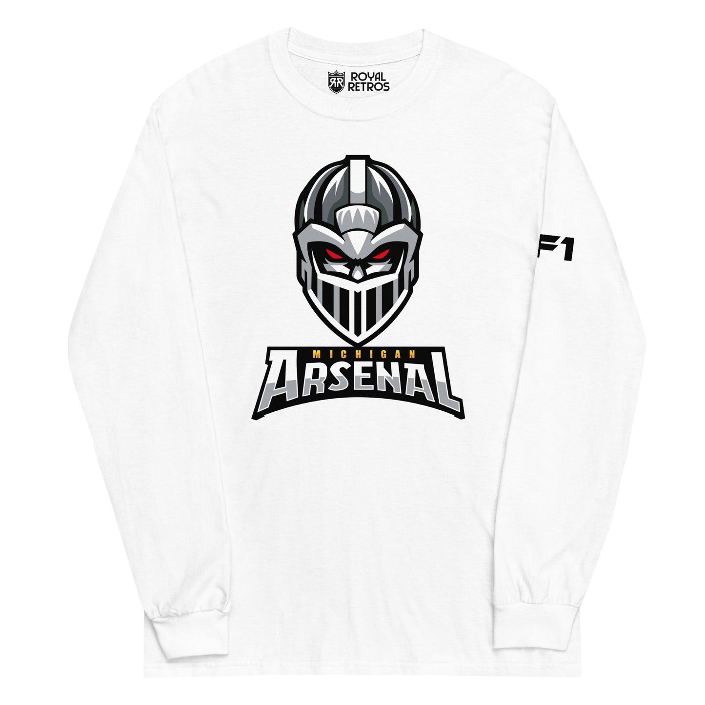 Michigan Arsenal crewneck sweatshirt. White. Knights helmet facing viewer. Michigan small in yellow above Arsenal in silver below. Royal Retros