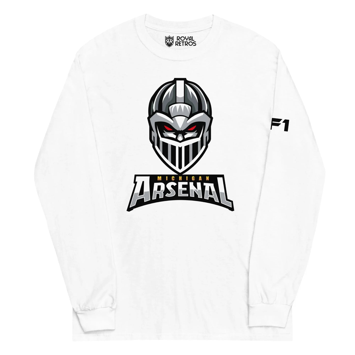 Michigan Arsenal crewneck sweatshirt. White. Knights helmet facing viewer. Michigan small in yellow above Arsenal in silver below. Royal Retros
