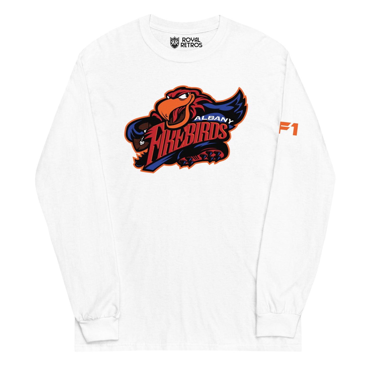 Albany Firebirds long sleeve T-shirt. White. Cartoon bird with Firebirds in red between open wings. Albany top right in white over Firebirds. Royal Retros