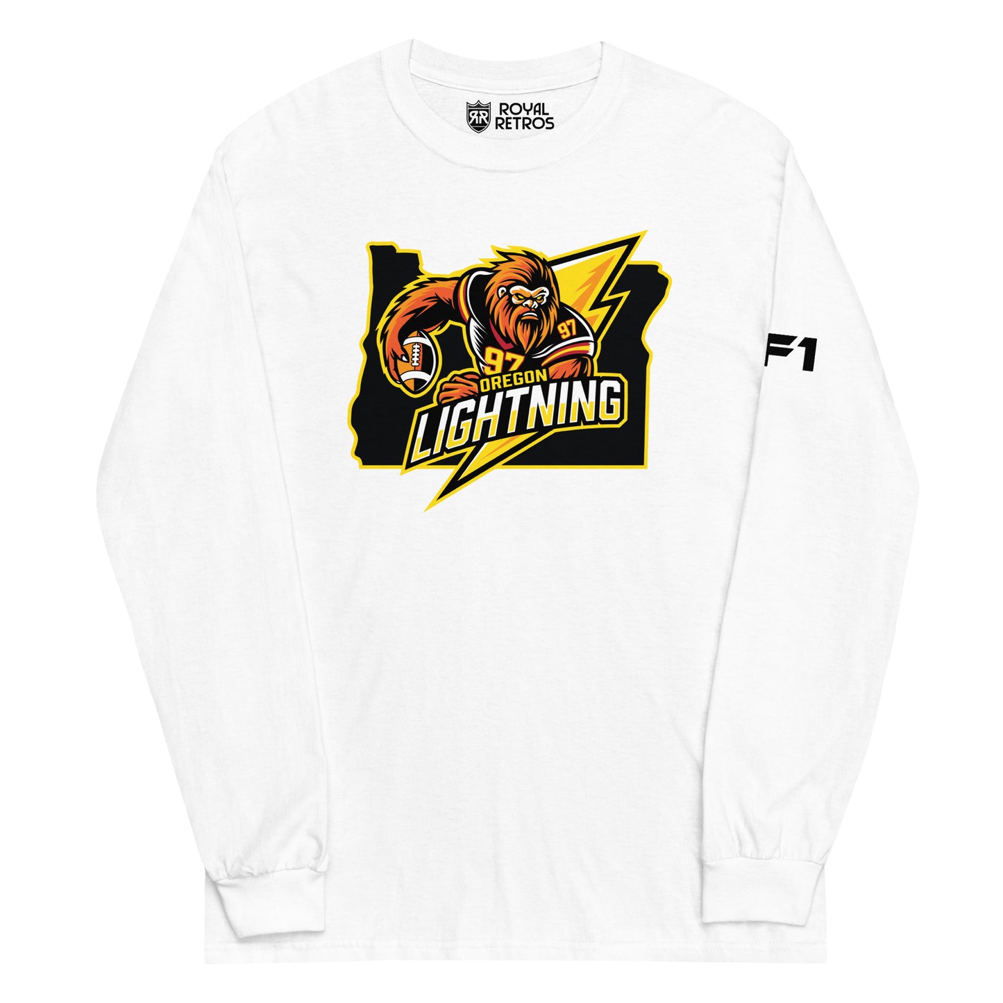 Oregon Lightning long sleeve T-shirt. White. Logo in center is outline of Oregon in black with Bigfoot in black jersey with gold numerals holding football over lightning bolt to right. Oregon in yellow, small, above Lightning large in white and gold. Royal Retros