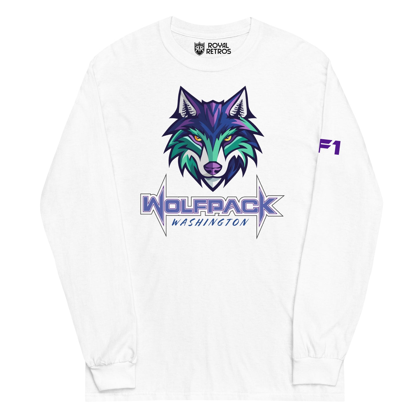 Washington Wolfpack long sleeve T-shirt. White. Light purple, dark purple, and teal wolf face over WOLFPACK in purple with white trim. Washington smaller in purple right below. Royal Retros