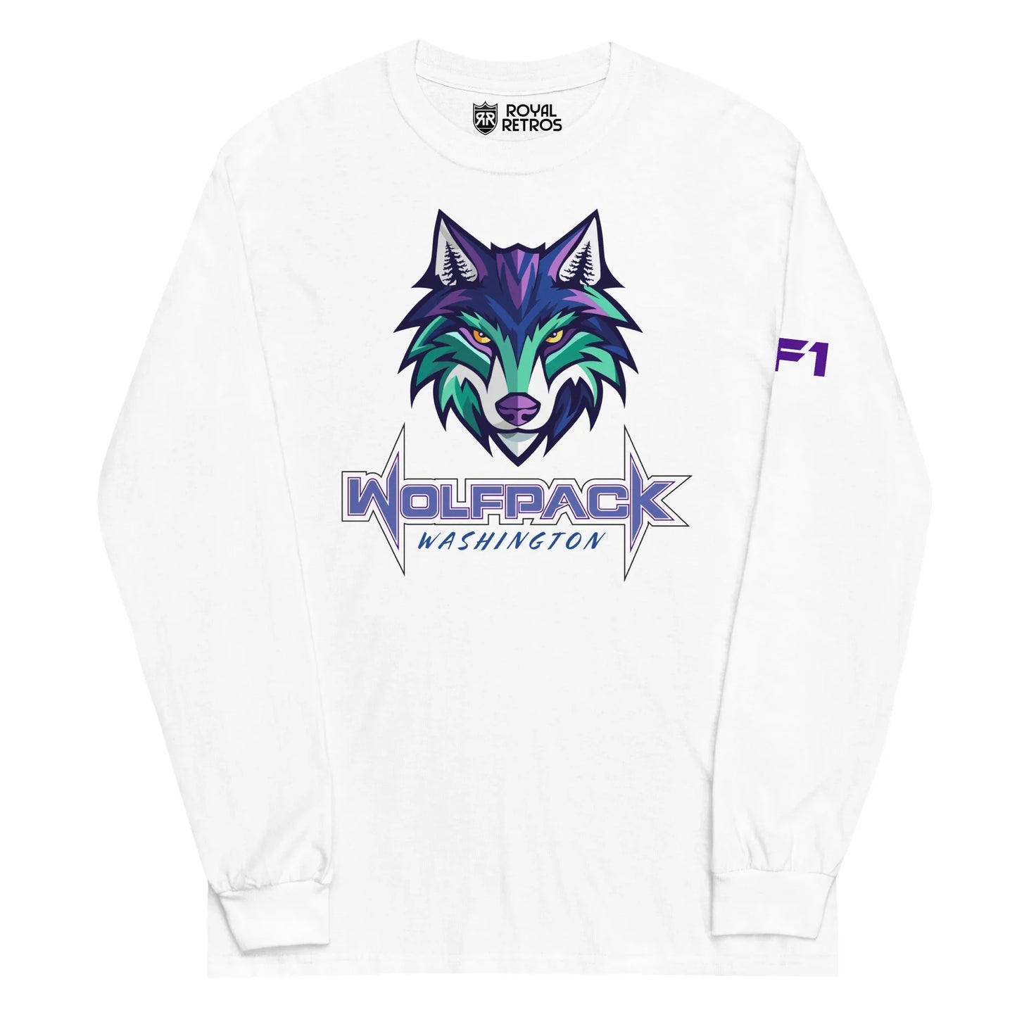 Washington Wolfpack long sleeve T-shirt. White. Light purple, dark purple, and teal wolf face over WOLFPACK in purple with white trim. Washington smaller in purple right below. Royal Retros