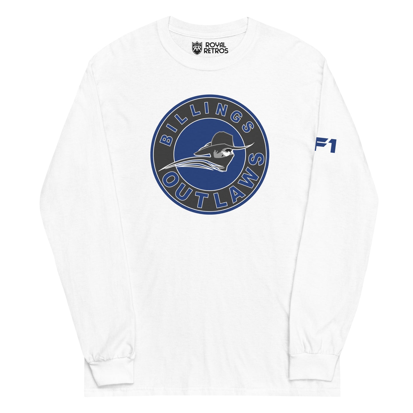 Billings Outlaws long sleeve T-shirt. White. Circle logo Gray outer circle, Billings in Blue above, Outlaws in blue below. Blue inner circle with masked cowboy, neck up, facing right. Royal Retros