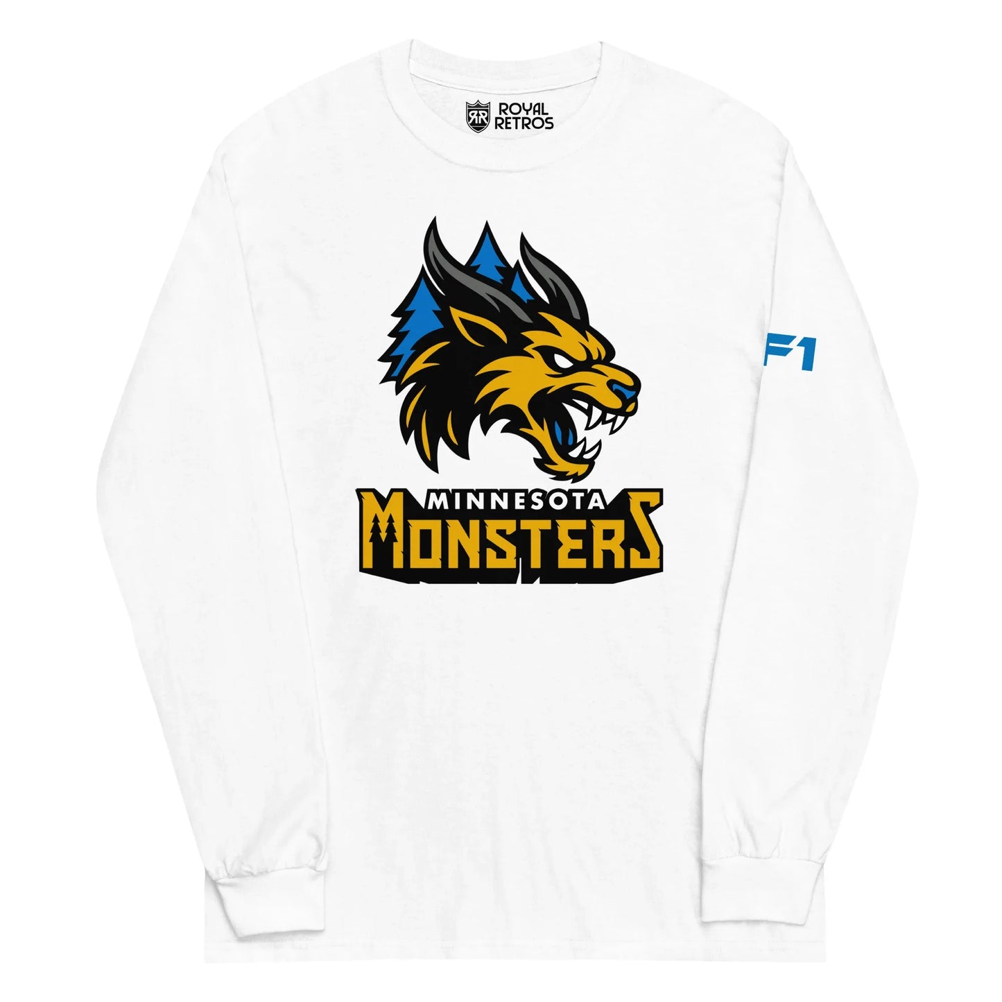 Minnesota Monsters long sleeve T-shirt. White. Minnesota Monsters AF1 arena football. Gold, black, and gray monster head over blue pine trees. Minnesota small in white below, Monsters below larger in gold. Royal Retros.