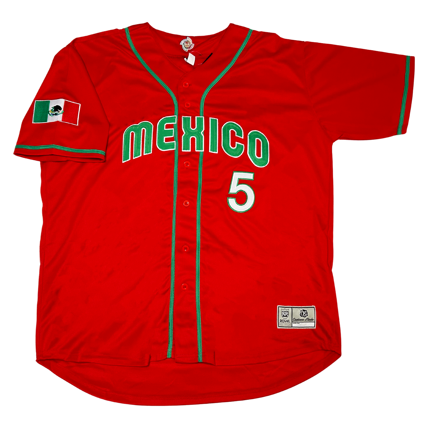 Mexico Baseball button-up jersey red. Mexico in green lettering with white trim arched across chest. #5 in white with green trim below right. Mexican flag on right sleeve. Green ring just above sleeve ends, around neck and down front. Royal Retros