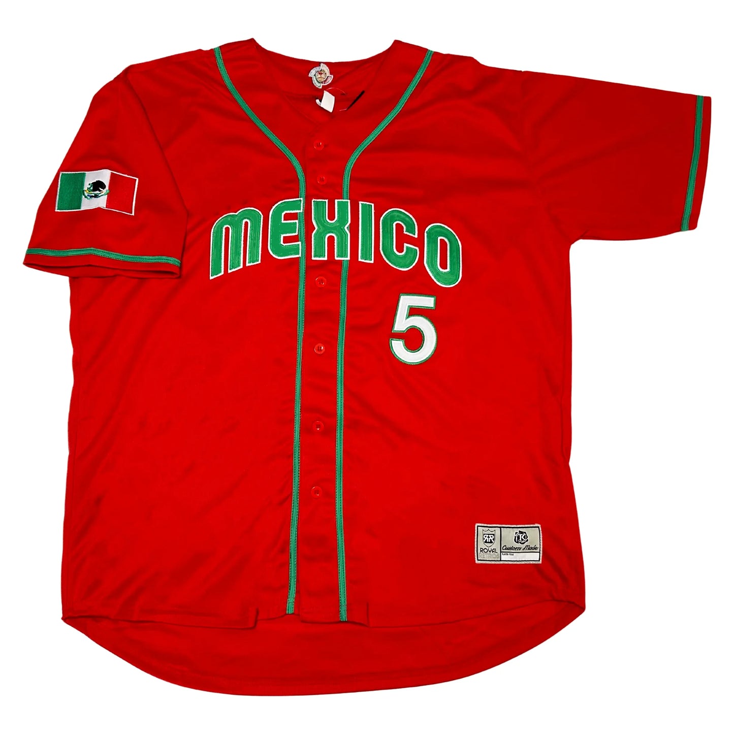 Mexico Baseball button-up jersey red. Mexico in green lettering with white trim arched across chest. #5 in white with green trim below right. Mexican flag on right sleeve. Green ring just above sleeve ends, around neck and down front. Royal Retros