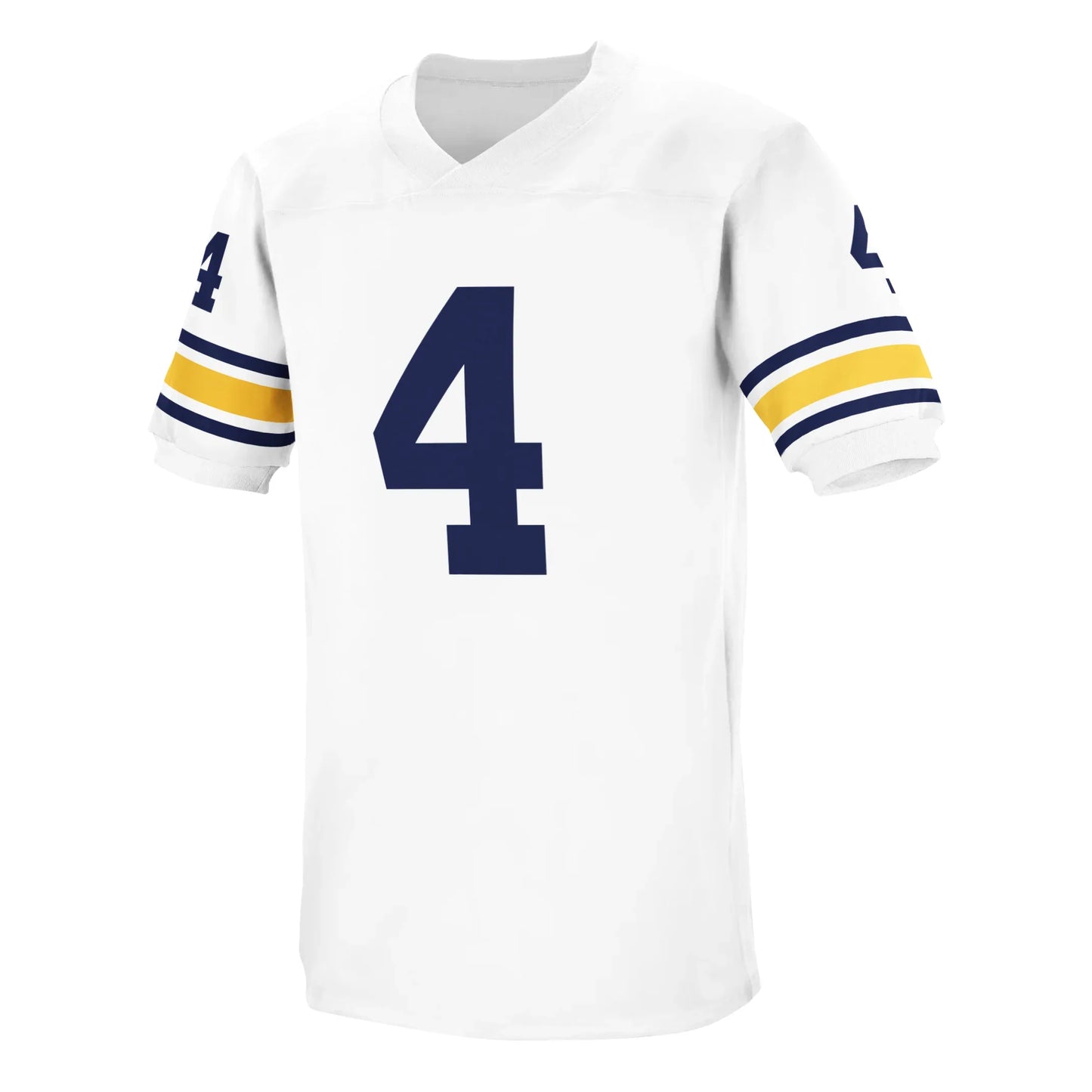 University of Michigan football jersey. White. Thin blue, thin white, thick gold, thin white, thin blue stripes on sleeve. #4 blue large on chest, small on shoulder. Royal Retros