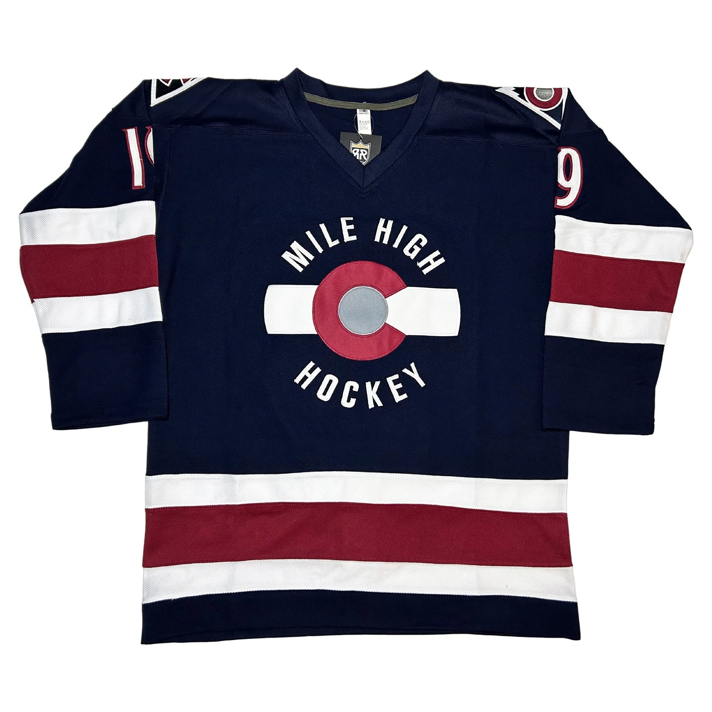 Mile High Hockey Jersey. Colorado Rockies. Navy. MILE HIGH in white arched over large red C with silver circle inside and white bars on either side. HOCKEY in white arched below. White, red, and white bands mid-sleeve and above waist. #19 in white with red trim on shoulders. Royal Rteros,