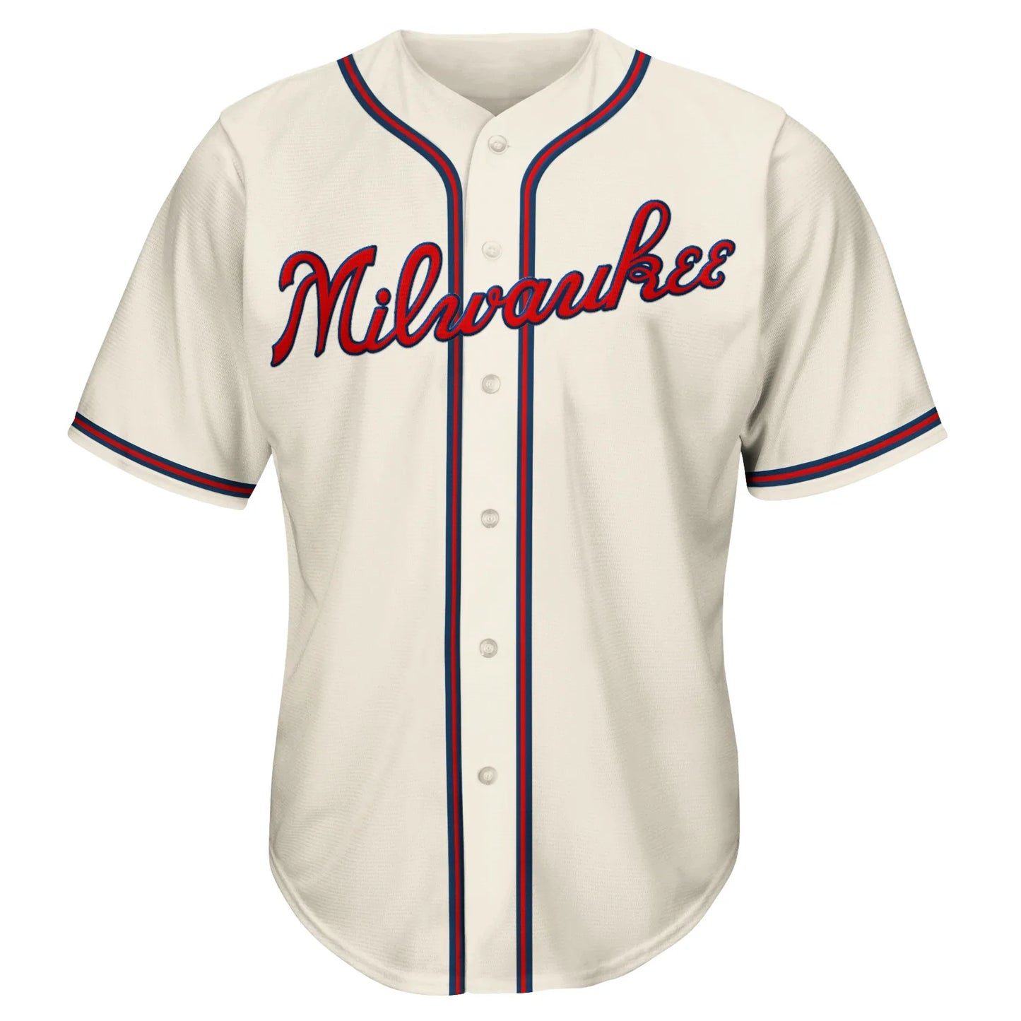 Milwaukee Braves cream jersey. Milwaukee in cursive in red with blue trim across chest. #44 lower right in red with blue trim. Blue, red, and blue stripe around sleeve ends, around neck and down front on both sides of buttons. Royal Retros