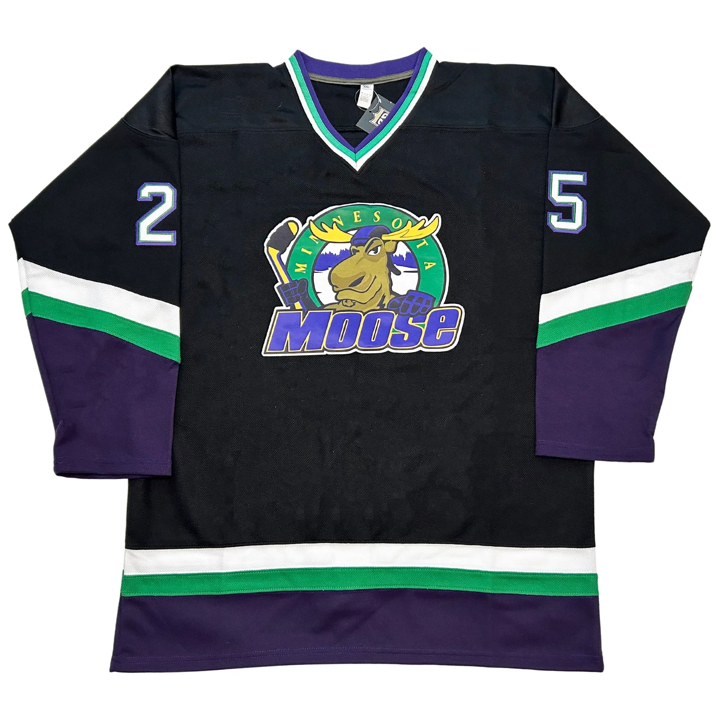 Minnesota Moose Jersey. Navy. White and green bands at an angle mid-sleeve with purple bottom half of sleeves and above waist. #25 white with purple trim on sleeves. Purple, green, and white collar. Moose logo of moose holding hockey stick over green circle with yellow Minnesota and MOOSE in purple with yellow trim across and over bottom of circle. Royal Retros