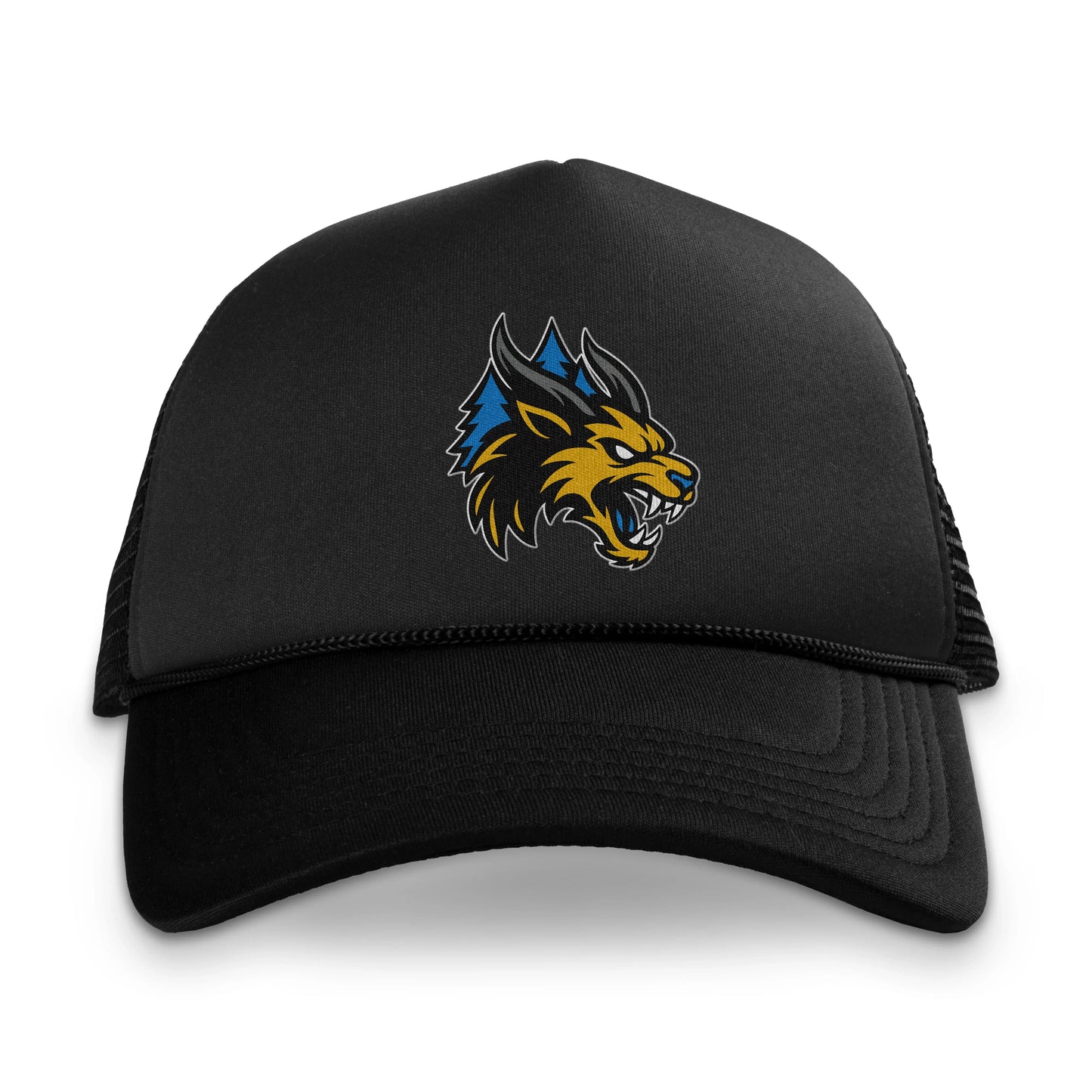 Minnesota Monsters cap. Black. Gold, black, and gray monster head over blue pine trees on front panel. Royal Retros.