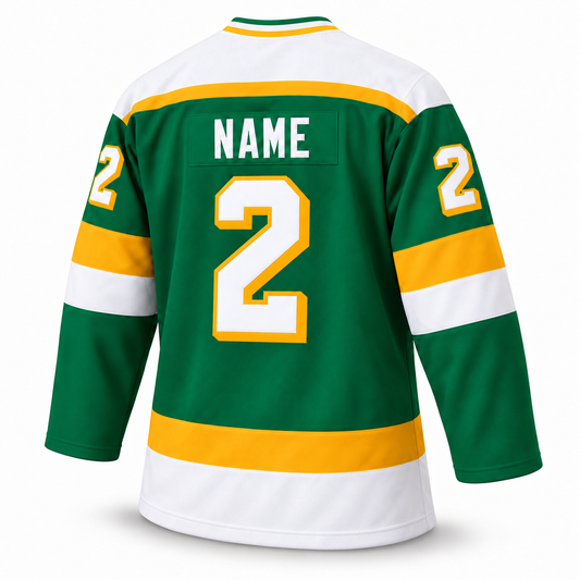 Nashville South Stars green jersey back, white NAME and number 2 with gold outline and drop shadow