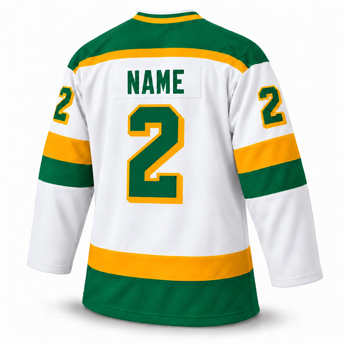 Nashville South Stars white jersey back, green NAME and number 2 with gold outline and drop shadow