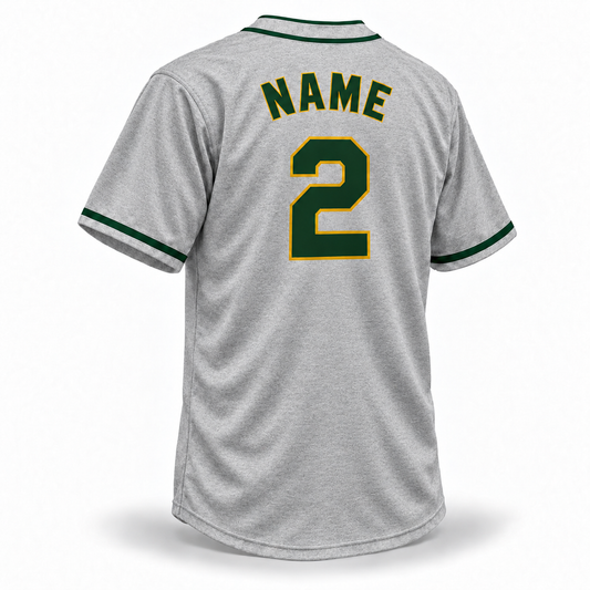 Oakland Larks NLB Jersey gray wool back, forest green NAME and number 2 with gold outline