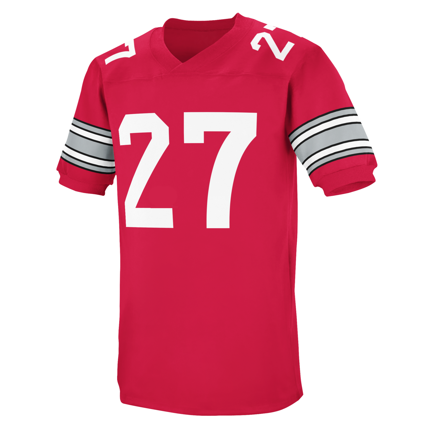Ohio State jersey. Scarlet. Alternating black, gray, white bands on sleeves. #27 in white, large on chest, small on shoulders. Royal Retros