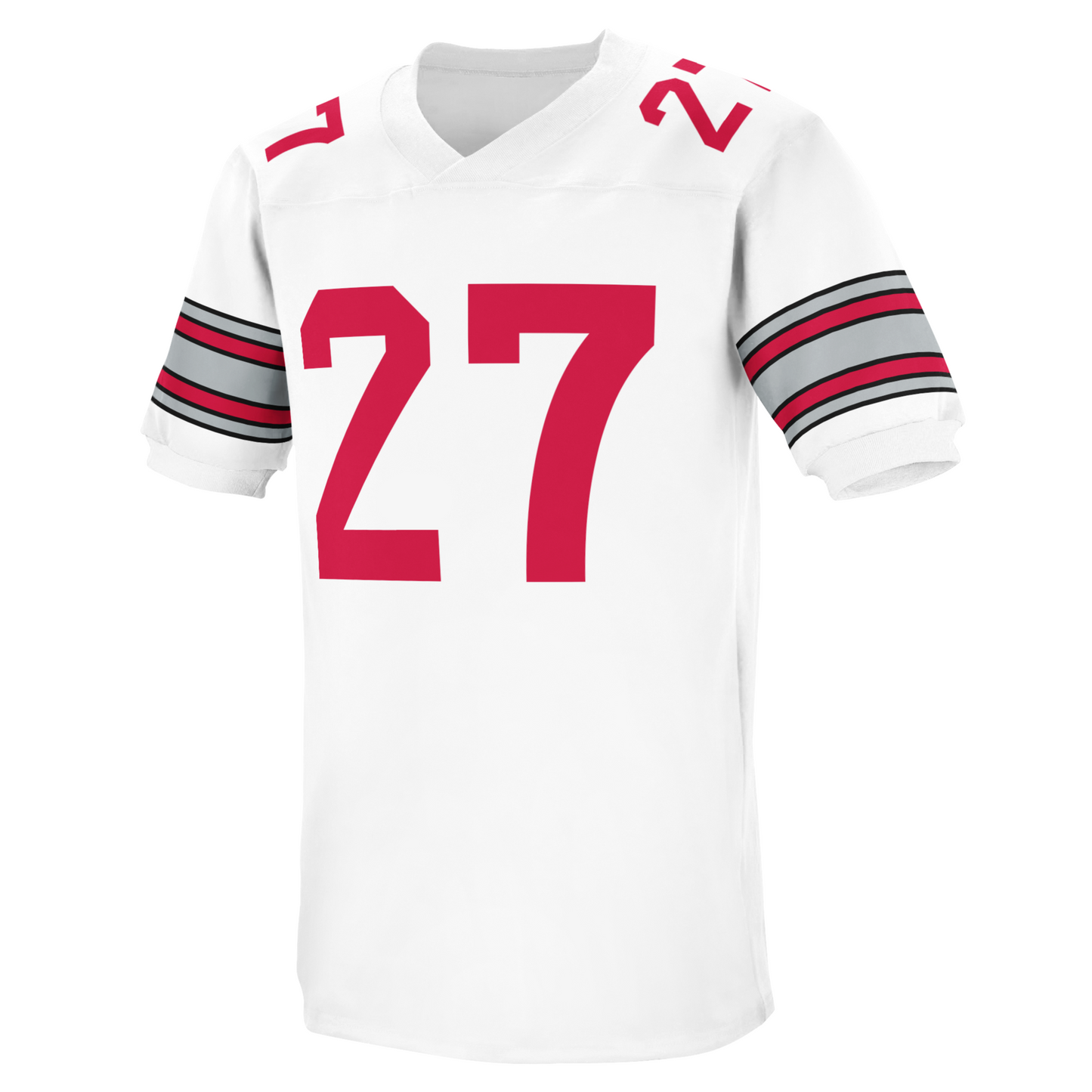 Ohio State white jersey. Alternating black, gray, scarlet bands on sleeves. #27 in scarlet large on chest, small on shoulders. Royal Retros