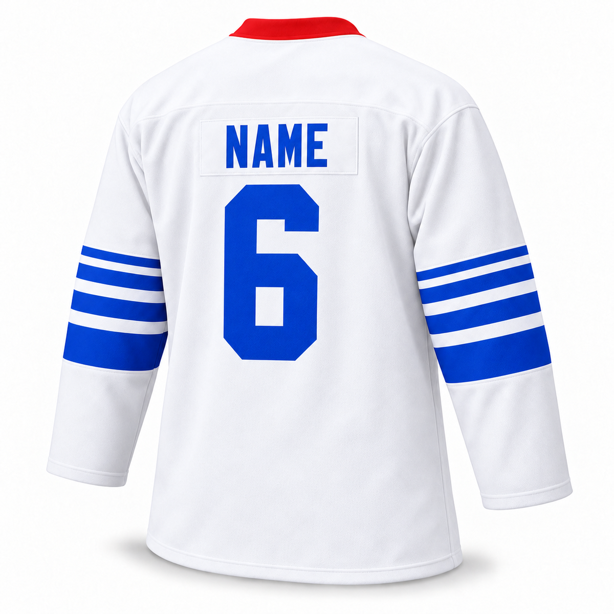1960 Omaha Knights white jersey back with blue NAME and block number 6