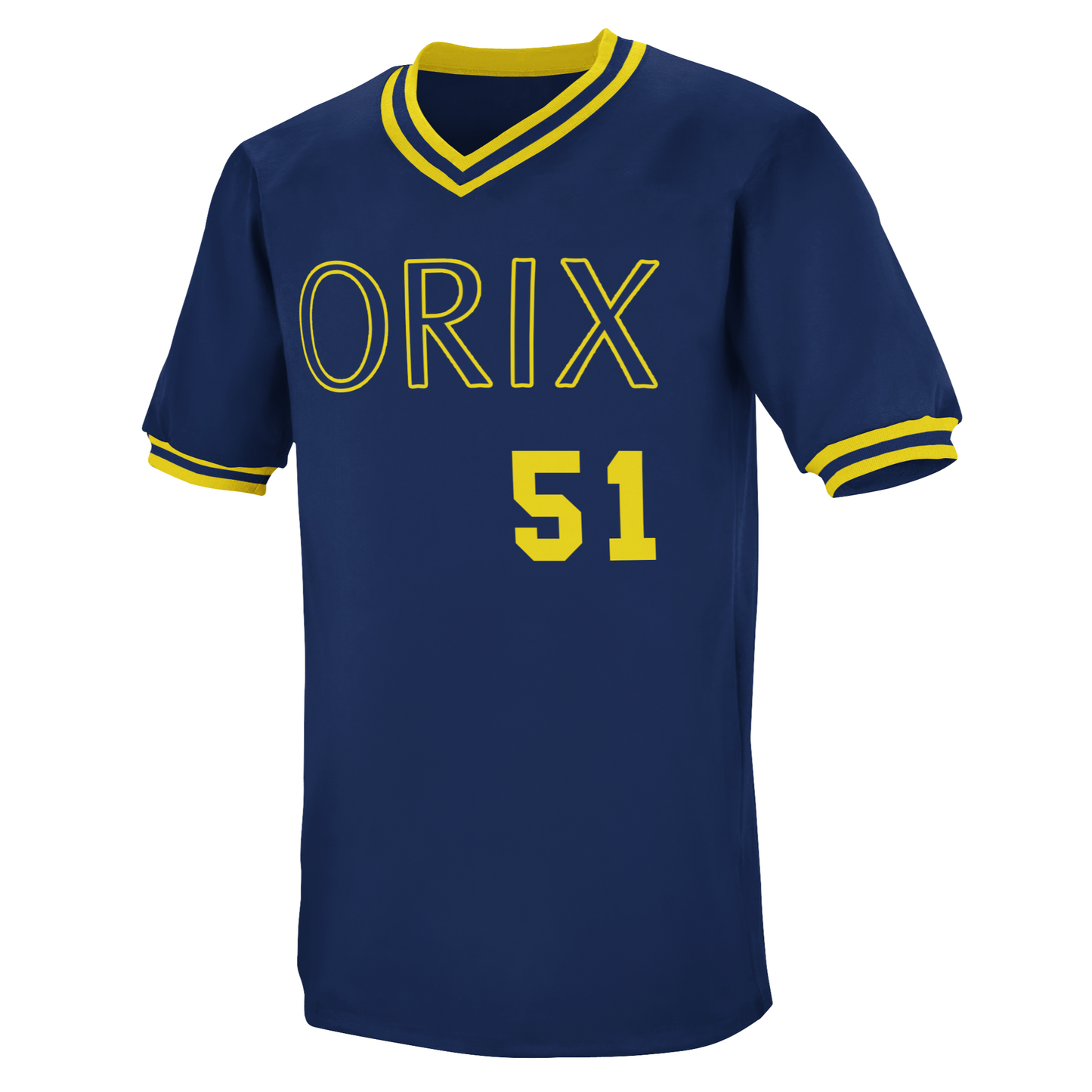 Orix BlueWave pullover jersey. Yellow, blue, and yellow collar and sleeve ends. ORX in blue with gold trim across chest. #51 below the "I" and "X" in yellow. Royal Retros.