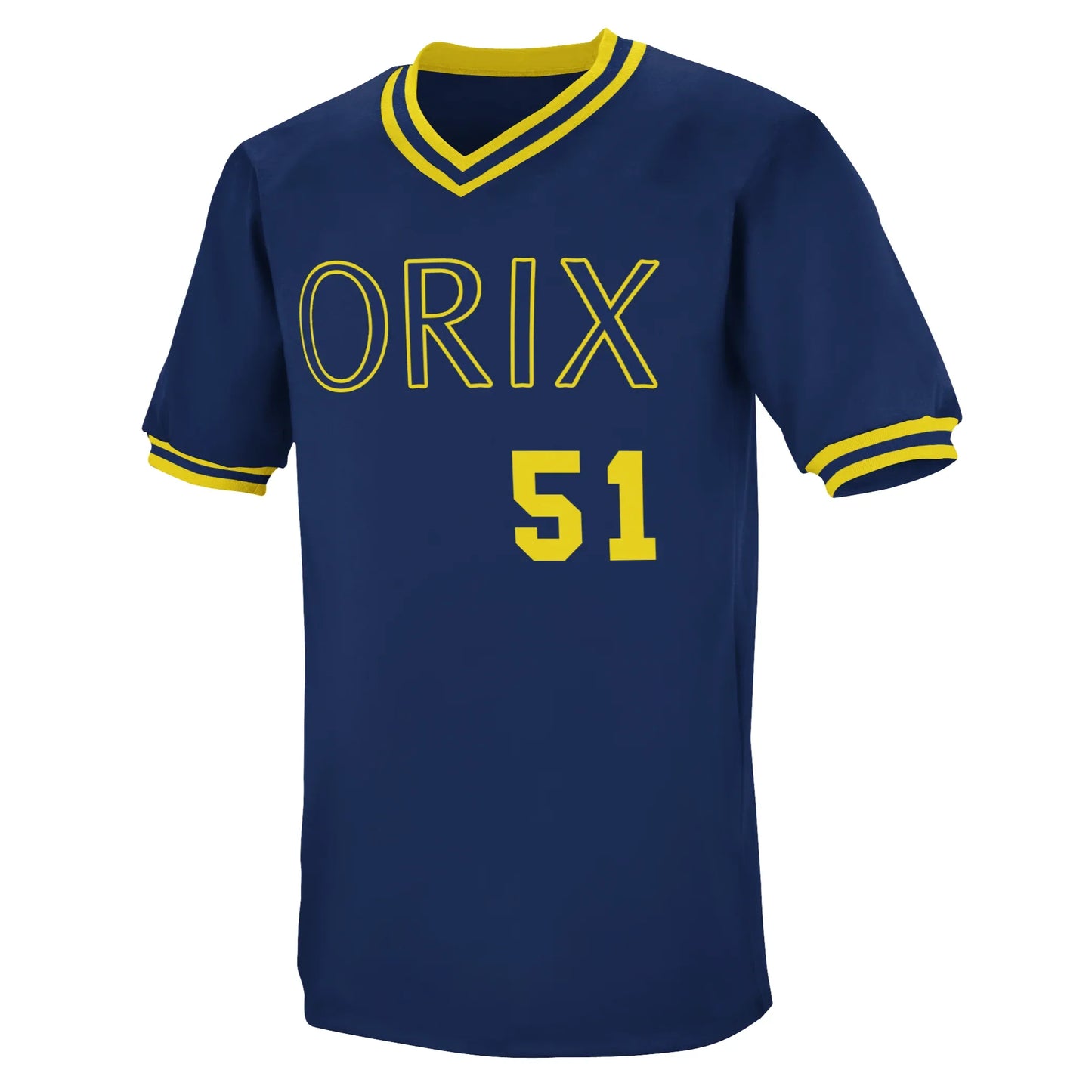 Orix BlueWave pullover jersey. Yellow, blue, and yellow collar and sleeve ends. ORX in blue with gold trim across chest. #51 below the "I" and "X" in yellow. Royal Retros.