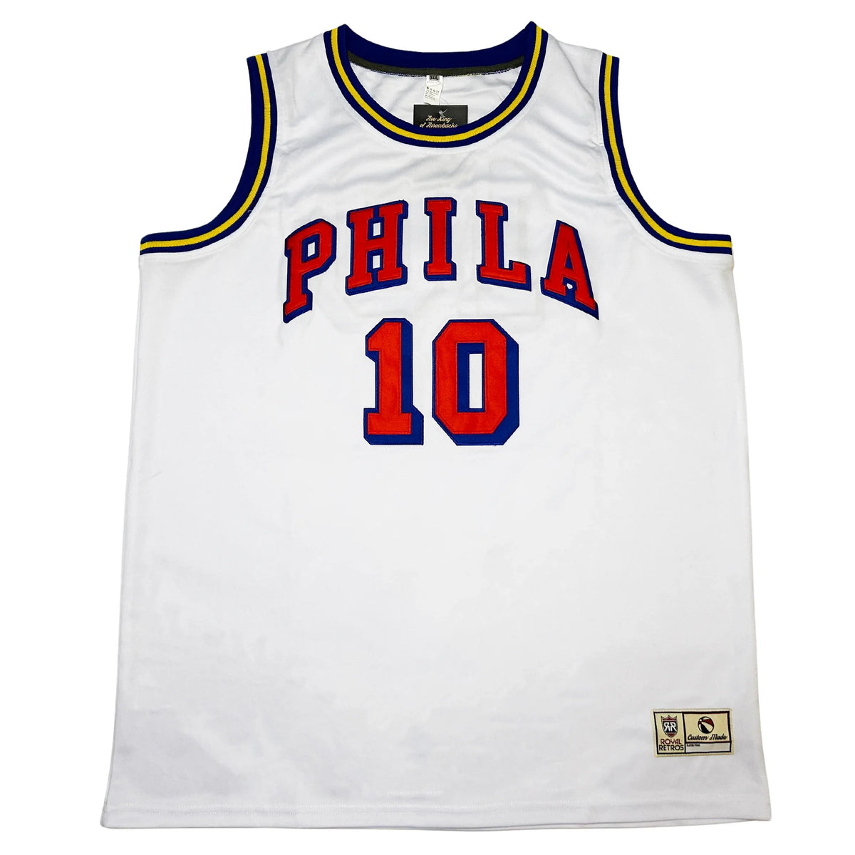 Philadelphia Basketball Jersey. White. Blue and gold trim at shoulders and around neck. PHILA arched across chest in red with blue trim. #10 in red with blue trim below. Royal Retros