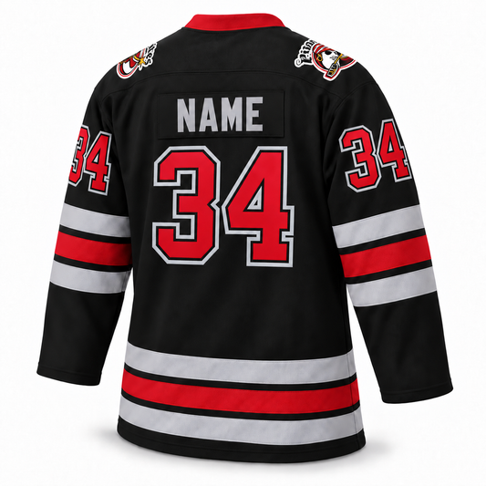 1993 Portland Pirates black jersey back, gray NAME and larger red 34 with black inner and gray outer outlines.