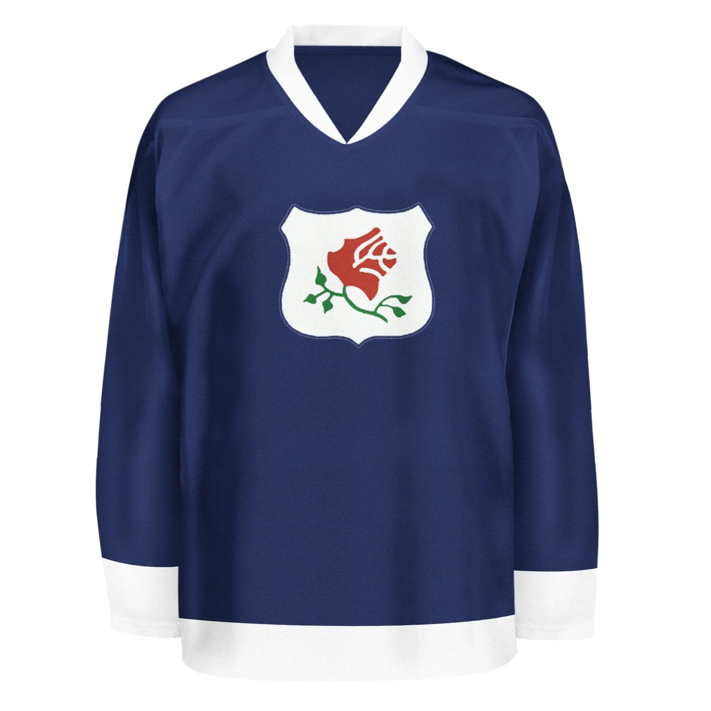 1914 Portland Rosebuds Hockey Jersey. Blue. White collar. White shield on chest with res rose with green stems. Royal Retros