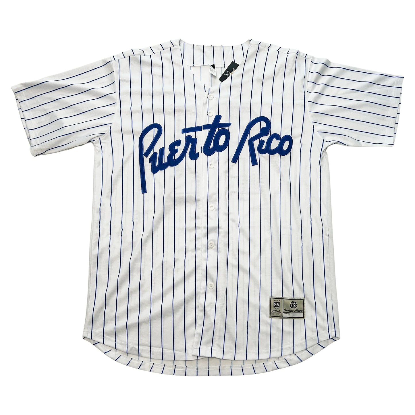 1958 Puerto Rico button-up baseball jersey white with blue pinstripes. Puerto Rico script dark blue across chest. Royal Retros