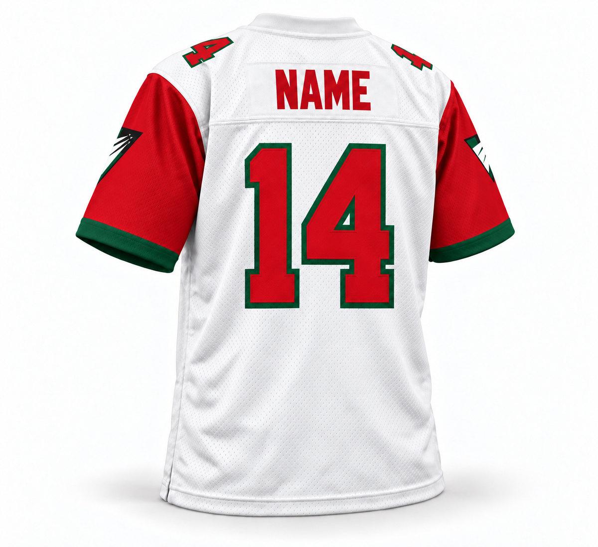 Raleigh-Durham Skyhawks WLAF jersey — White back — red sleeves, red NAME and 14