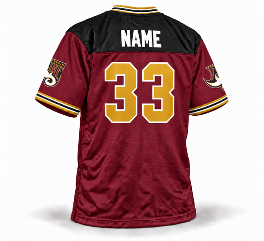 1998 Rhein Fire WLAF jersey — maroon back — white NAME, gold 33