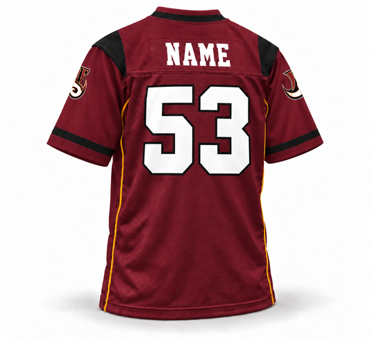 2004 Rhein Fire WLAF jersey — maroon back, NAME and number 53