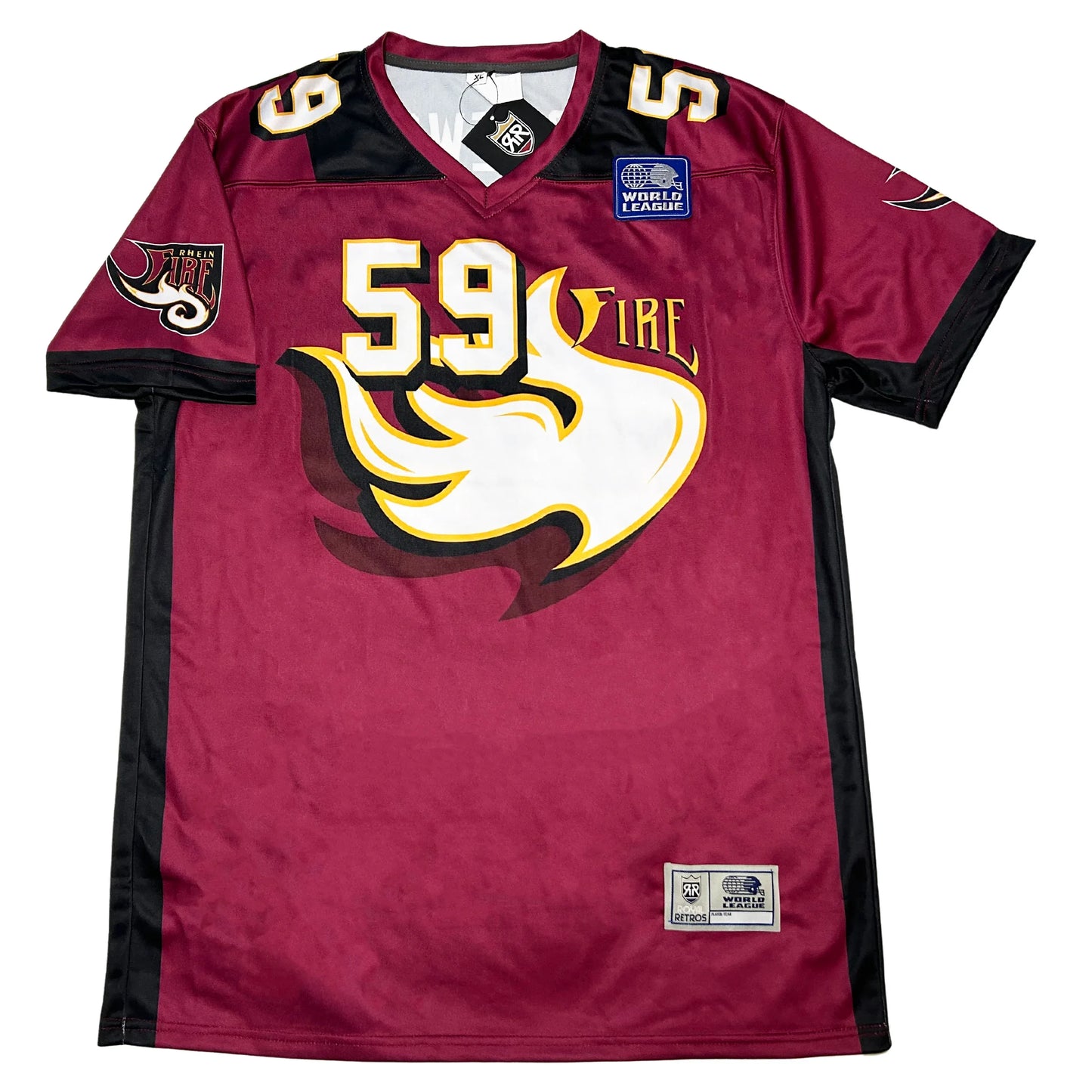 1995 World League Rhein Fire Graphic Jersey maroon with white logo and #59 Royal Retros