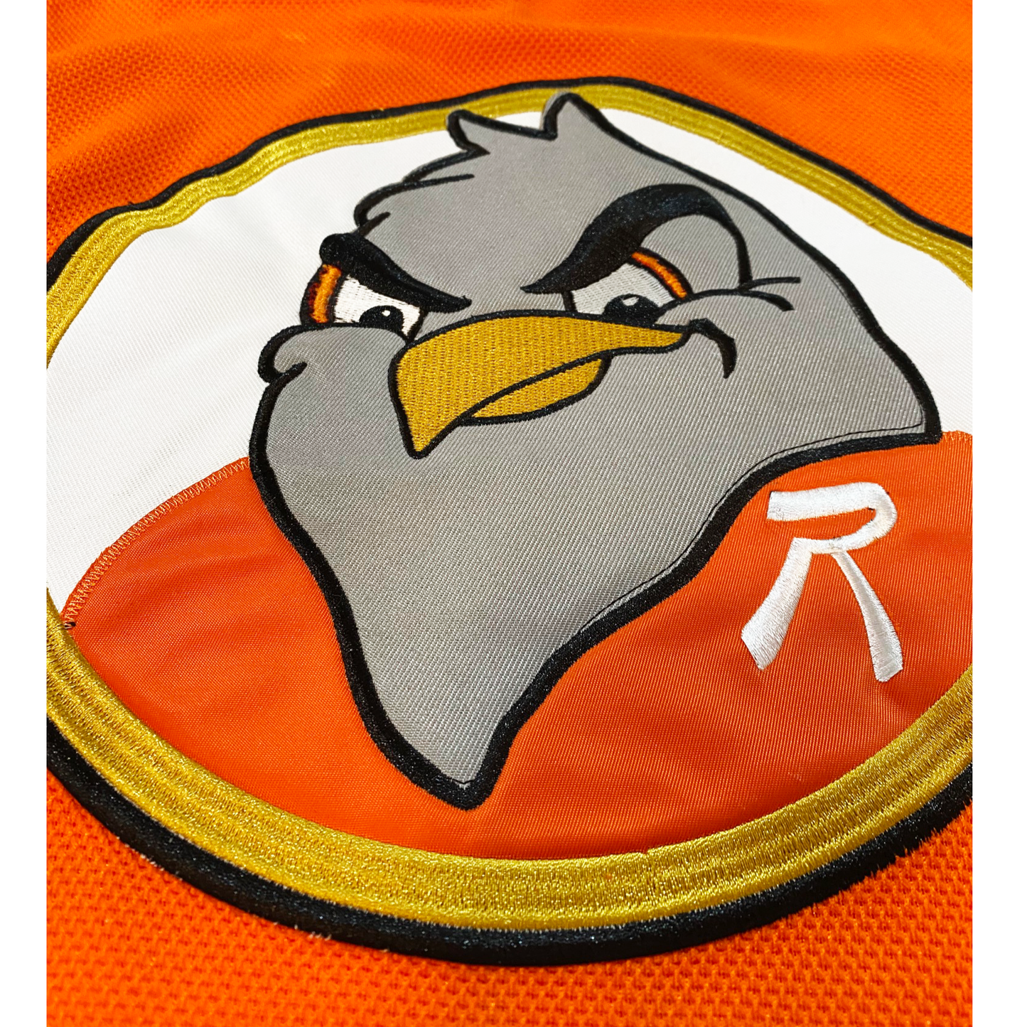 Richmond Robins orange Jersey close-up logo in center. Black and gold circle with a white background. Gray robin's head with gold beak, wearing an orange jersey with a white R on upper left chest. Royal Retros