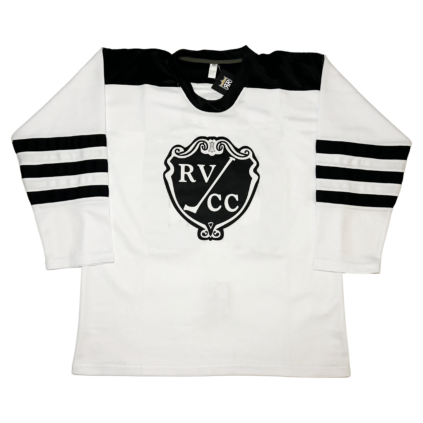 River Vale Skeeters Jersey white. Black shoulders and collar. 3 black bands on sleeves. Skeeters crest on chest featuring a black background with a white hockey stick facing left. RV in white above stick, CC below. Royal Retros.