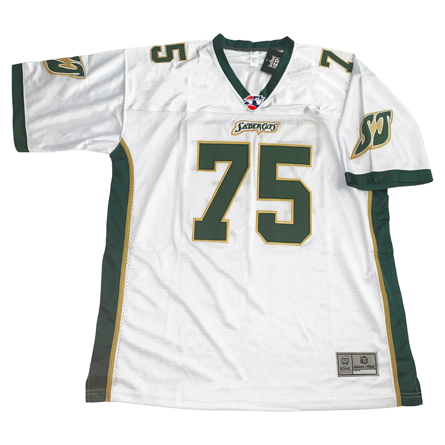 San Jose Sabercats Arena Football League Jersey. White with green sides with gold trim. Green sleeve ends, green trim on neck. Sabercats small above #75 in green with gold trim large on chest small on shoulders. SJ in green with white and gold trim on shoulders. Royal Retros