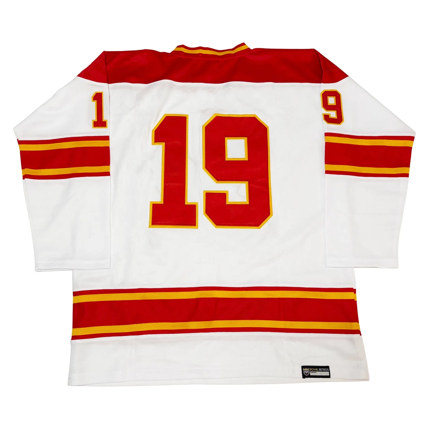 Salt Lake Golden Eagles hockey jersey. White. Back. Red shoulders. Thin red, thin gold, thick red, thin gold, thin red bands at mid-sleeve and above waist. Numbers on shoulders in red with gold trim. Numerals large on back in red with gold trim. Royal Retros