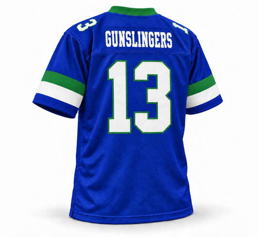 San Antonio Gunslingers USFL jersey in royal blue, back view, Gunslingers number 13