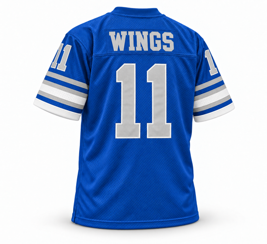 San Antonio Wings WFL jersey, royal blue with gray WINGS name and number 11, back view